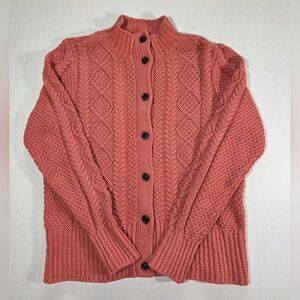 L.L. Bean Signature 100% Cotton Cable Knit Fisherman Cardigan Rose Pink Large